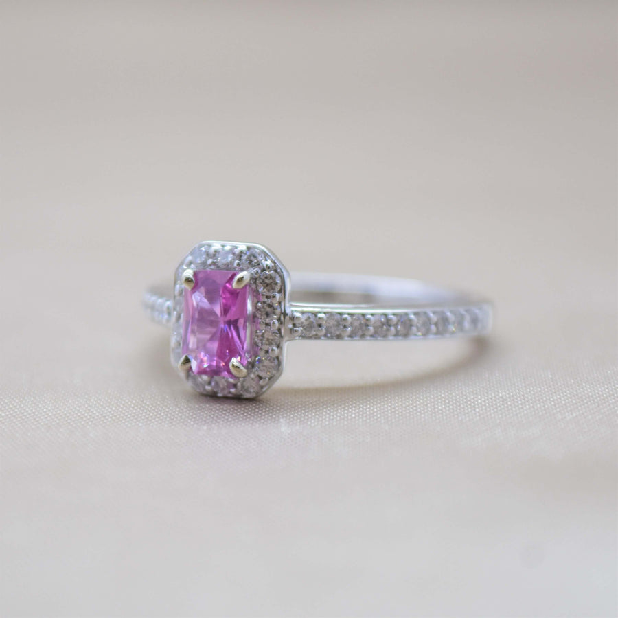 Radiant Pink Sapphire Diamond Halo Ring
