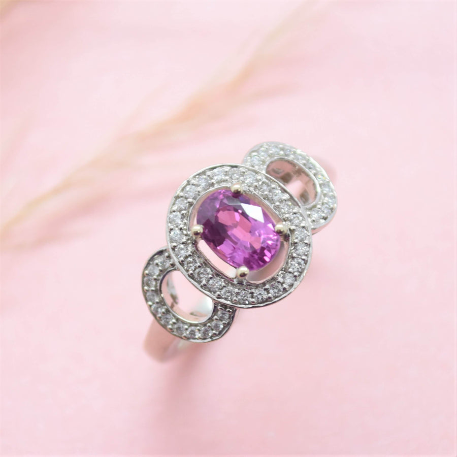pink sapphire halo diamond ring