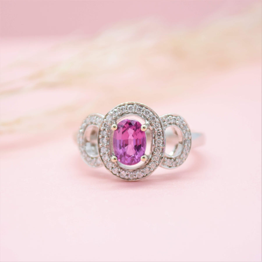 oval pink sapphire halo ring