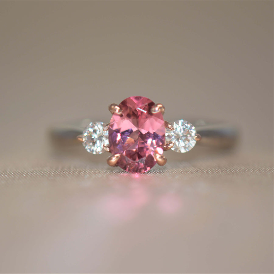 pink tourmaline 3 stone engagement ring