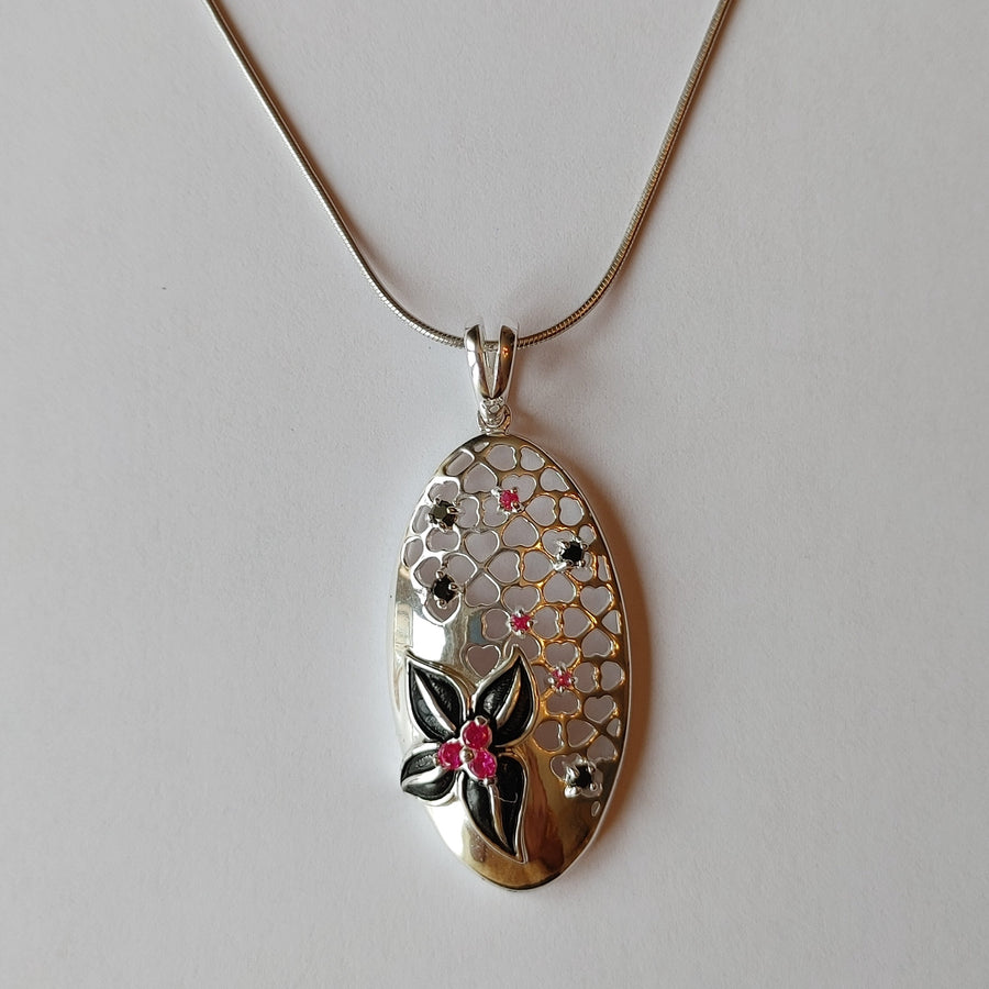 Floral Oval Silver Pendant Necklace
