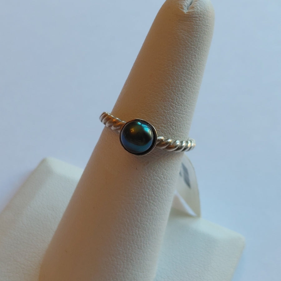 Blue Green Pearl Silver Twist Ring