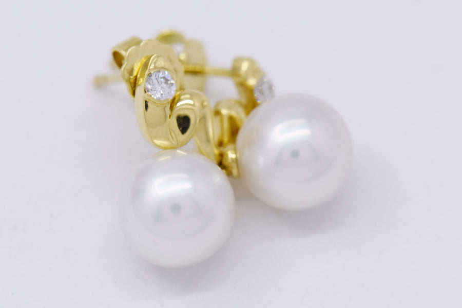 Yellow Gold White Pearl Dangle Earrings
