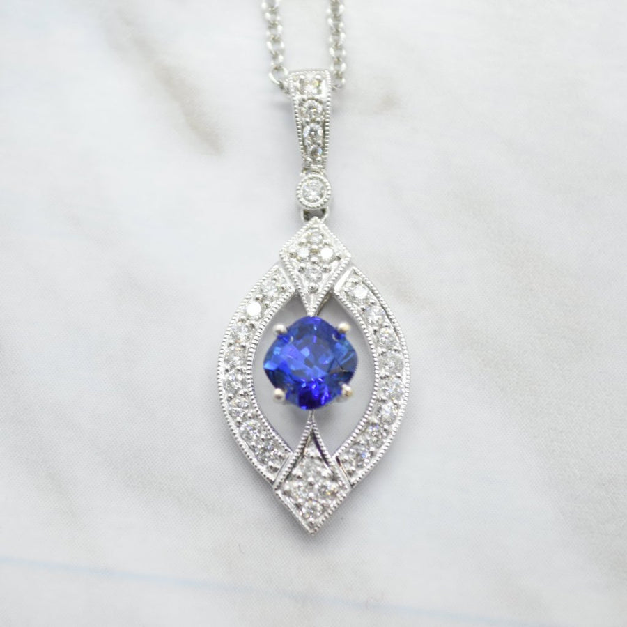 art deco inspired blue sapphire diamond necklace 