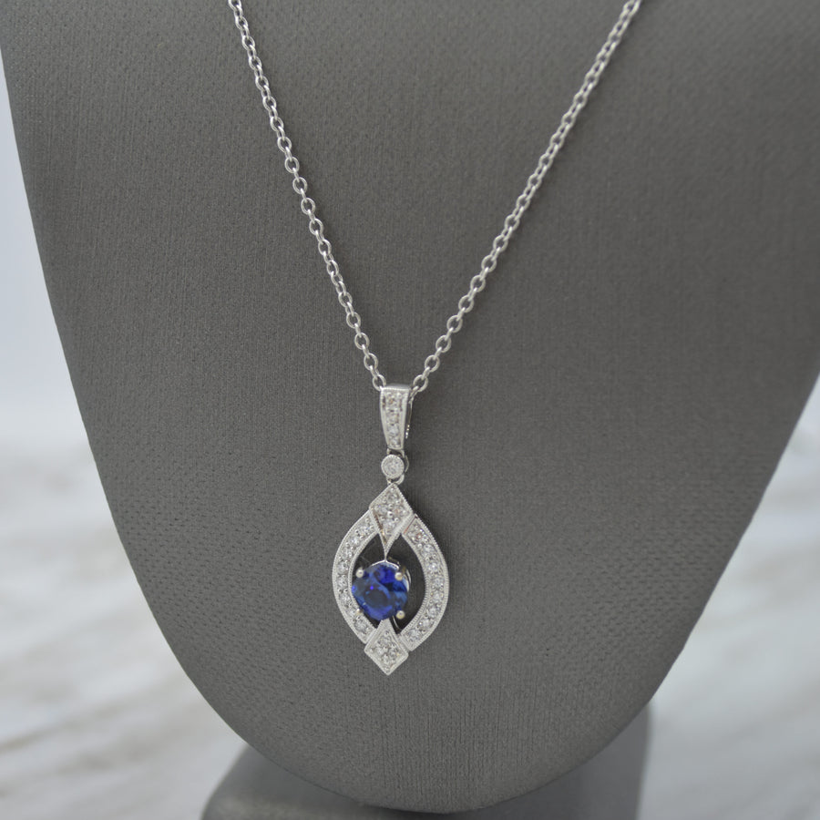 art deco inspired blue sapphire diamond necklace 