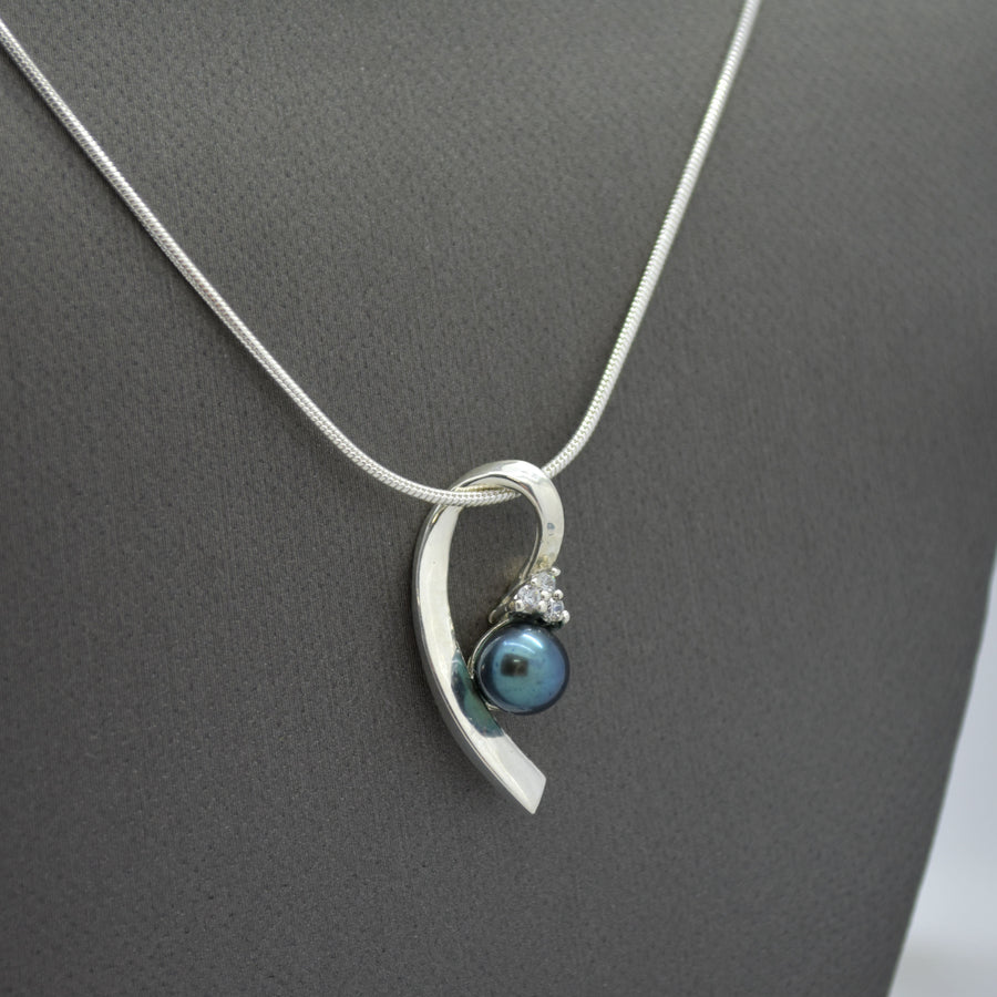 Blue Pearl Slider Silver Necklace