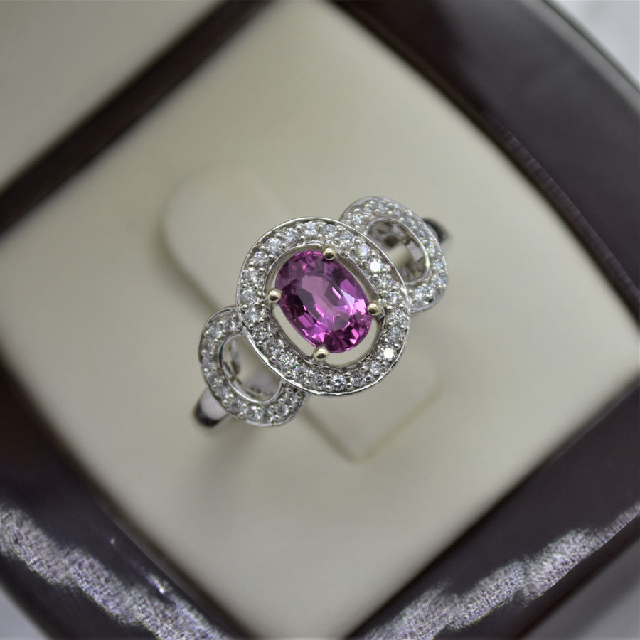 Pink Sapphire Diamond Halo Ring