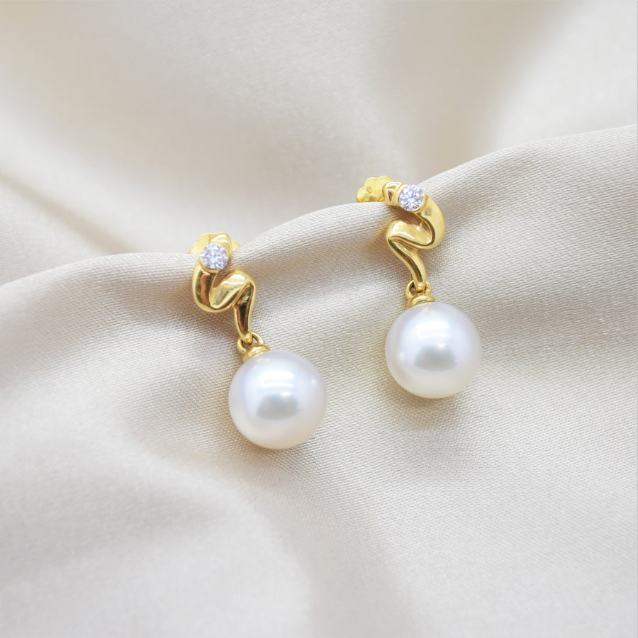 Yellow Gold White Pearl Dangle Earrings
