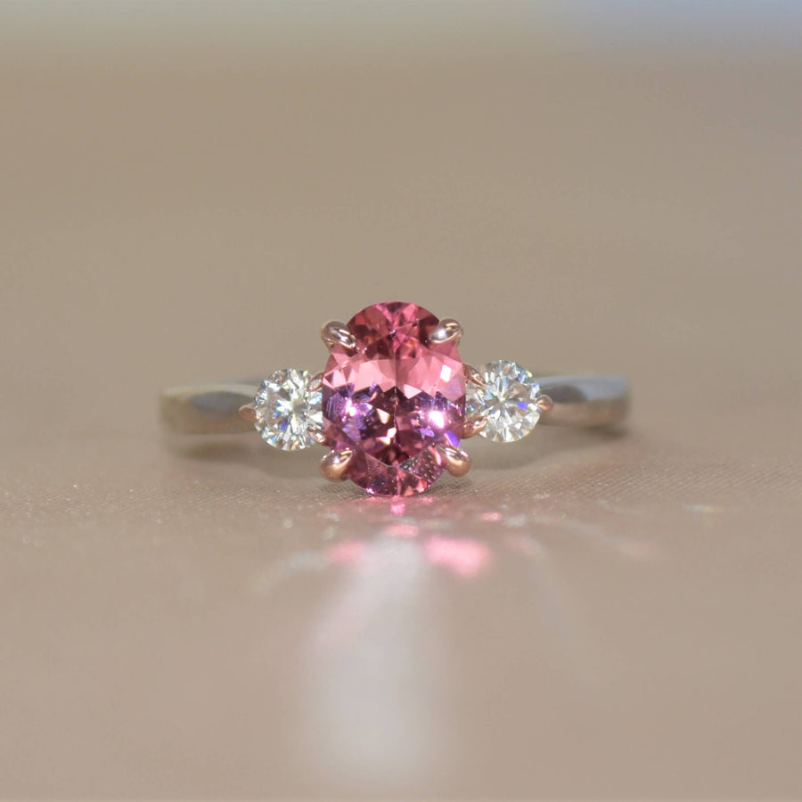 pink tourmaline three stone ring
