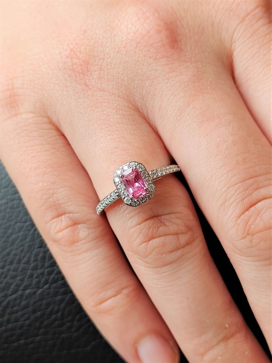 radiant pink sapphire diamond halo engagement ring