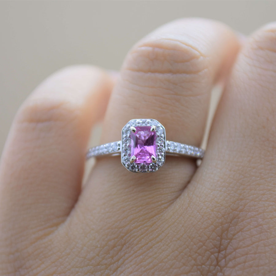 radiant pink sapphire diamond ring